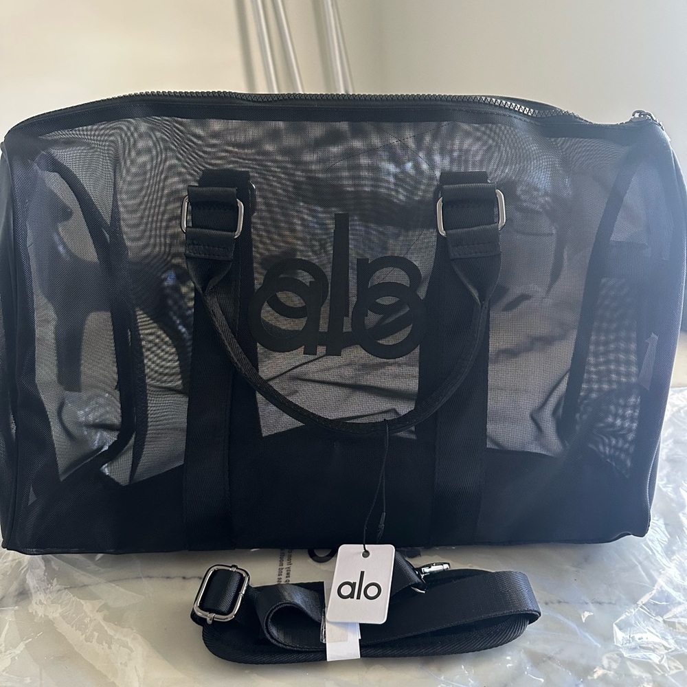 ALO Yoga Black Mesh Bag with Silver Accents